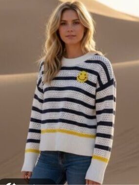 Rosenthal White Navy Striped Open-Knit Crewneck Sweater with Yellow Smile Patch